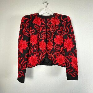 Miss Elliete Womens Blazer Jacket Size 6 Black Red Floral Cropped Long Sleeve
